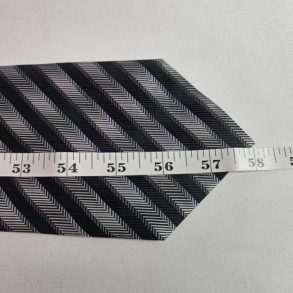 Cezani 100% Silk Hand Made Tie Black‎ Gray Stripes 4